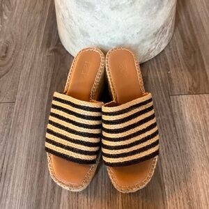 Nordstrom Black and Tan striped Espadrille Wedge Slides Summer Sandals Size 6.5